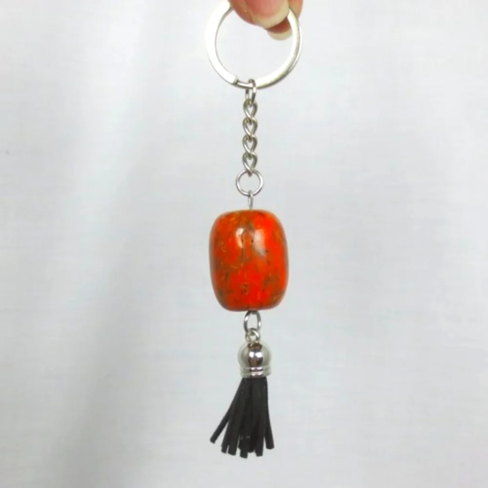 New Handcrafted Keychain Bag Charm Orange Beaded Boho Leather Tassel Swivel Clip
